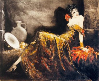 Louis ICART (1888-1950) Danseuse au tambourin Eau-forte, aquatinte en couleurs. Épreuve...