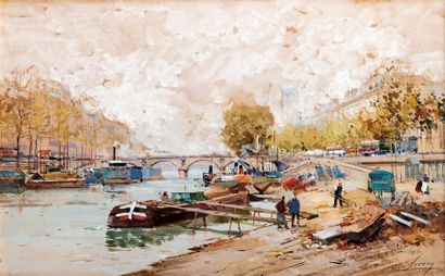 Eugène GALIEN-LALOUE (1854-1941) Paris, les péniches sur les quais de Seine. Aquarelle...