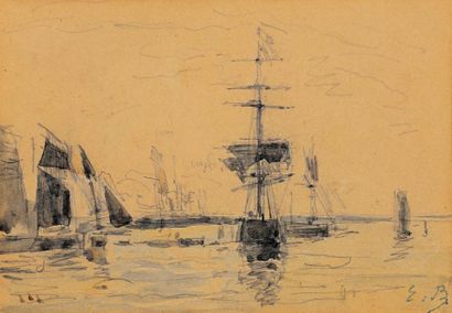 Eugène BOUDIN (1824-1898) Port Aquarelle et mine. Signée du cachet des initiales...