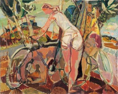 Jean-Claude AUJAME (1905-1969) Les Cyclistes, 1950 Huile sur toile signée en bas...