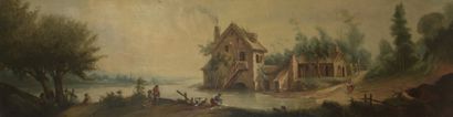  FRENCH SCHOOL, in the taste of the 18th century 
House by the river with fisherman,...