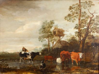  BORSSOM Anthonie van (About 1630-Amsterdam 1677) 
Shepherd pushing his animals in...