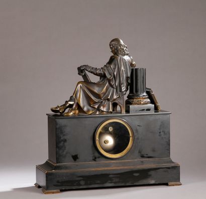 null Pendule borne en marbre noir surmontée d’un bronze patiné représentant Pascal...