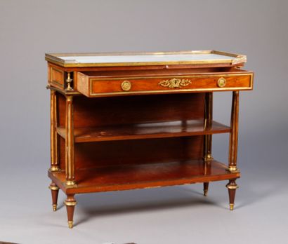 null Mahogany veneered and brass filleted sideboard console, opening to a drawer,...