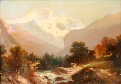  swiss school 19th century 
Mountain landscape 
Oil on panel, signed lower left STAHLYCHEN...