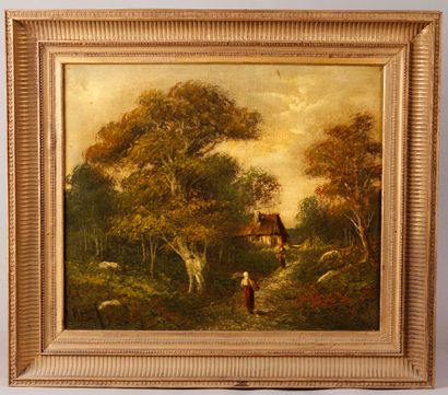  FRENCH SCHOOL 19th century 
The Cottage 
Oil on canvas, signed lower left. 
Wooden...