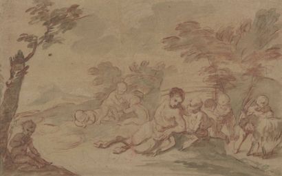  Nicolas POUSSIN (1594-1665) Ecole 
Faunesse et amours 
Pierre noire, sanguine, lavis...