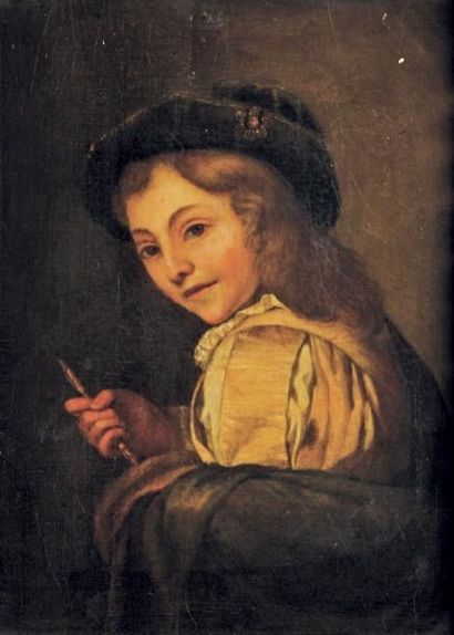 SCHALKEN Godfried (1643-1706), attribue a Jeune dessinateur avec son porte-mine Huile...