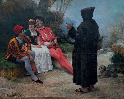 GARNIER Jules Arsene (1874-1889) Conversation sur un banc Huile sur toile, signee...