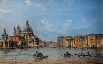 GRUBACS Giovanni (Venise 1829-1919) L'Entrée du grand canal à Venise Huile sur panneau,...