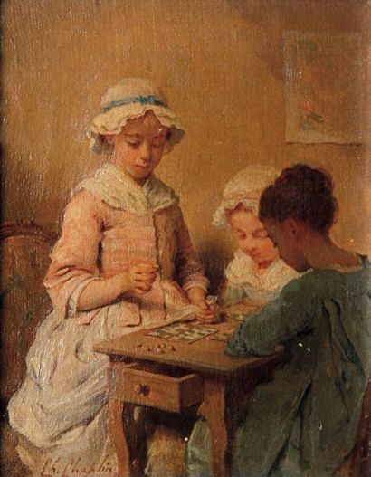 CHAPLIN Charles (1825-1891) Enfants jouant au loto Huile sur toile, signee en bas...