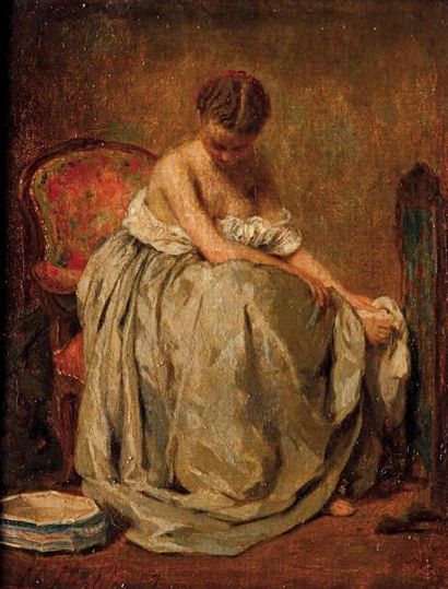 CHAPLIN Charles (1825-1891) Jeune femme à la toilette Huile sur toile, signee en...