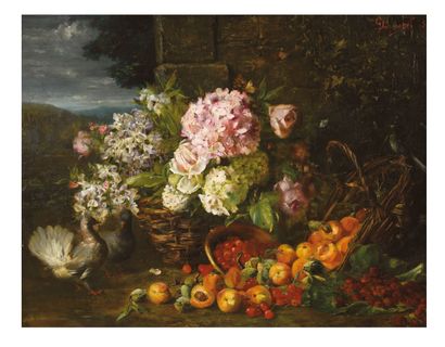 Henri Joseph DUBOUCHET (1833-1909) Panier d'hortensias et de fruits
Huile sur toile,...