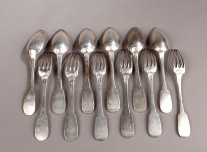 null SIX LARGE SILVER COUVERTS, one-flat model, spatula with numbers.
Minerve mark.
Weight...