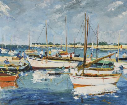 ECOLE MODERNE Barques de pêche et pêcheurs au mouillage
Huile sur toile.
54 x 65...