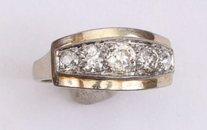 null RING of the 1930's decorated with a line of five old cut diamonds in fall. White...