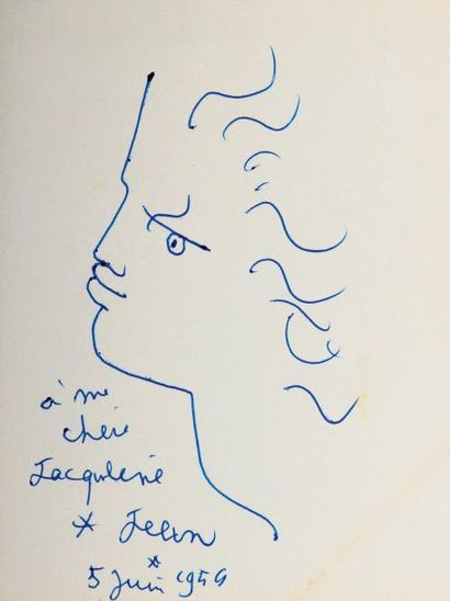 COCTEAU (Jean) Profil original au stylo à bille, avec envoi autographe, signé, à...