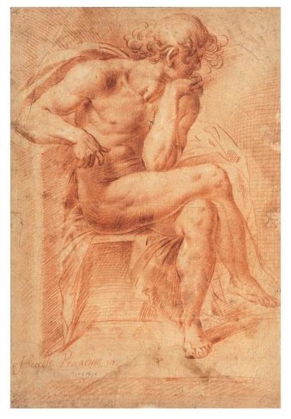 Hercole PROCACCINI dit Le Jeune (Milan 1596 - id. 1676) Nu masculin assis, la tête...