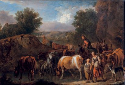 Entourage de Nicolaes BERCHEM (1620-1683) Bergers et troupeau Huile sur papier marouflé...
