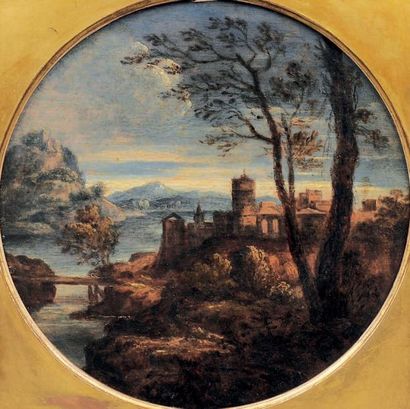 École BOLONAISE du XVIIe siècle Paysage Huile sur cuivre, vue circulaire. D. 21,5...