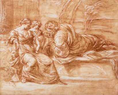 École ROMAINE du XVIIe siècle Le Repos de la Sainte Famille Plume, encre brune, lavis...