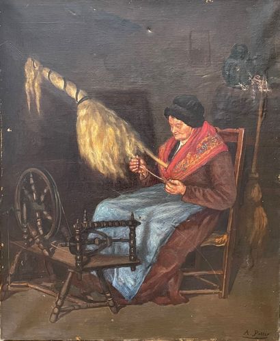 null POTTER Adolphe (1835-1911)
Spinner with spinning wheel
Oil on canvas (accidents,...