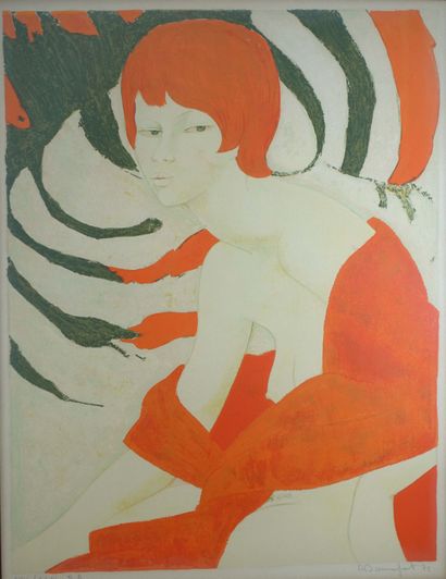 null Alain BONNEFOIT (né en 1937).
Buste de femme à la cape rouge. 
Lithographie...