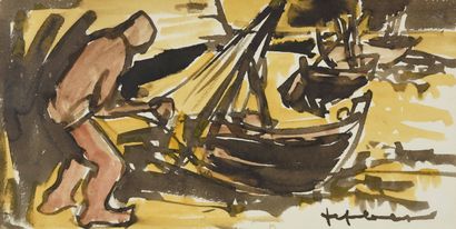 null Jef FRIBOULET (1919-2003)
Sailor and beached boats
Watercolor, wash and color...