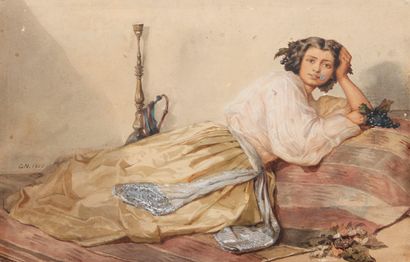 ECOLE XIXe siècle Femme allongée à la grappe de raisin et au narghilé
Aquarelle monogrammée...