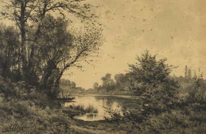 Auguste ALLONGÉ (1833-1898) Bord de la rivière
Dessin au fusain et à l'estompe, signé...