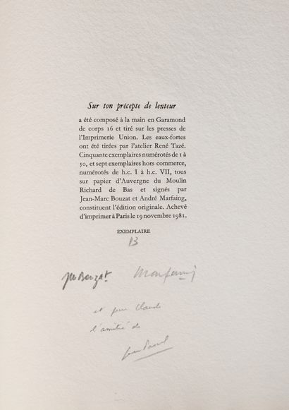 MARFAING (André) / BOUZAT (Jean-Marc). On your precept of slowness. Paris, Clivages...