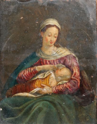 ECOLE du XVIIIe siècle Vierge à l'enfant
Huile sur cuivre.
(Cadre en bois noirci,...