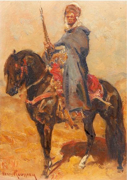 Henri ROUSSEAU (1875-1933) Cavalier arabe au fusil
Huile sur carton, signée en bas...