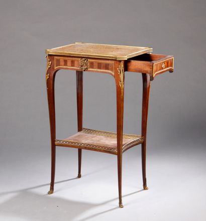 null Small rectangular marquetry TABLE, opening to a lateral drawer, the top of marble...