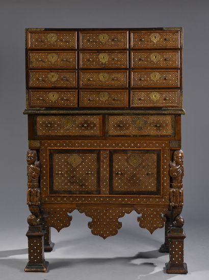 null CABINET said CONTADOR in teak and marquetry of ebony and bone, opening with...