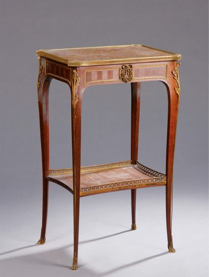 null Small rectangular marquetry TABLE, opening to a lateral drawer, the top of marble...
