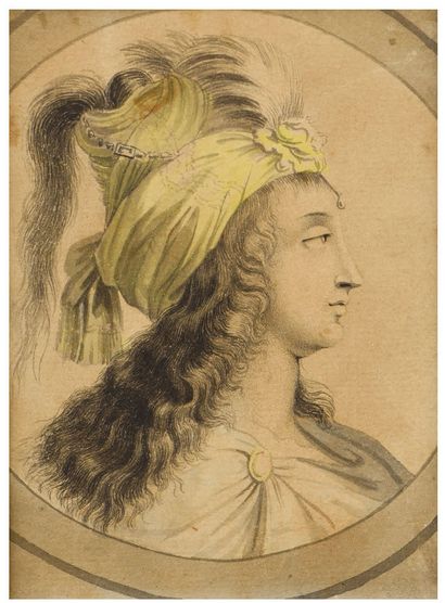 ECOLE FRANÇAISE, début XIXe siècle Profil de jeune femme au turban
Encre brune et...