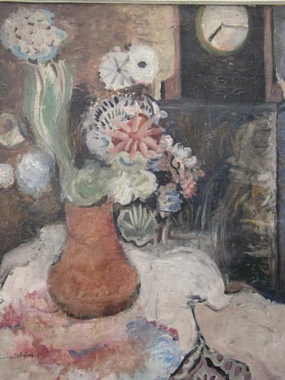 DEBAINS THÉRÈSE (1907-1975) Bouquet et pendule. Huile sur toile, signée en bas à...