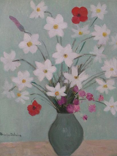 DEBAINS THÉRÈSE (1907-1975) Vase de fleurs. Huile sur toile. Cachet en bas à gauche....