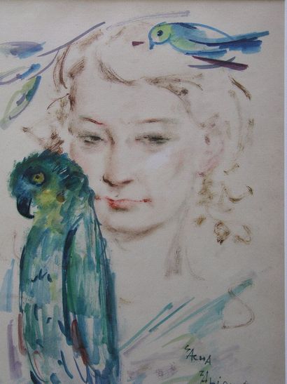 ZALIOUK SACHA (1887-1971) Femme au perroquet Gouache, signée en bas à droite. 37...