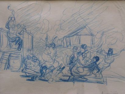 ANQUETIN LOUIS (1861-1932) La guinguette Crayon bleu, avec cachet en bas à droite....