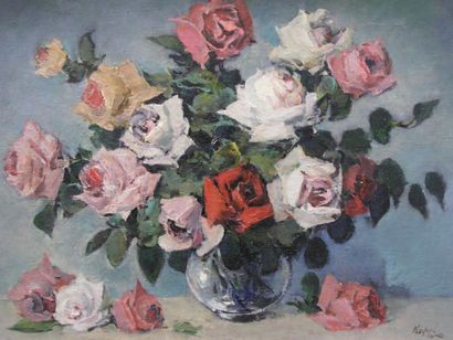 KORJANOV DIMITRI Roses. Huile sur toile, signée en bas à droite. 54 x 73 cm