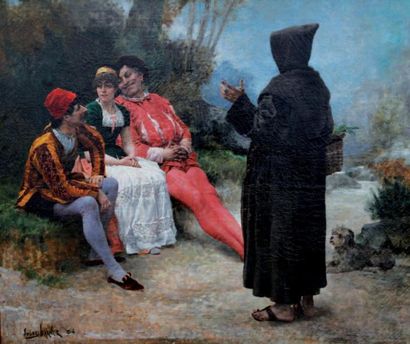 GARNIER JULES (1847-1889) Conversation champêtre. Huile sur toile, signée en bas...