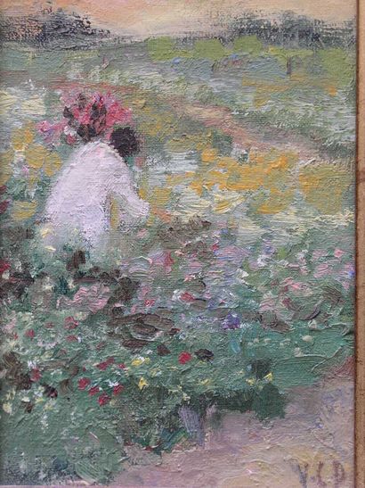 CHEFFER DELOUIS YVONNE (NÉE EN 1910) Femme cueillant des fleurs. Huile sur toile,...