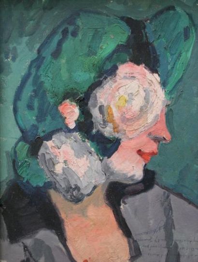 BICHET CHARLES (1863-1929) Femme à la rose. Huile sur carton. 41 x 33cm. Authentifié...