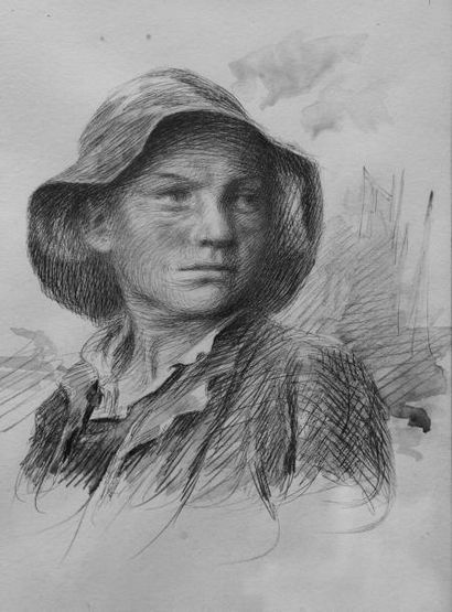 GRANCHI-TAYLOR ACHILLE (1857-1921) Le petit pêcheur Plume et aquarelle, signée en...