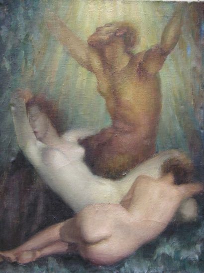 DYF MARCEL (1899-1985) Le Faune et les deux femmes, 1930. Huile sur toile signée...