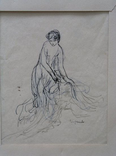 LAPRADE PIERRE (1875-1931) Jeune femme à la robe Sanguine et plume, signée en bas...