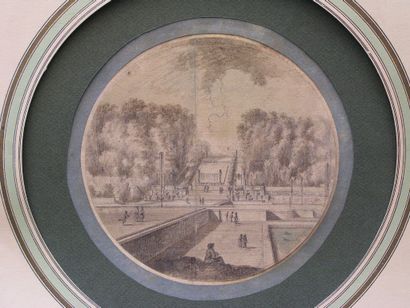 ECOLE FRANÇAISE XVIIe SIÈCLE Jardin animé Plume et lavis, tondo. Diam: 16 cm