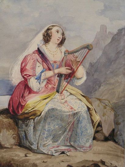 BOUTTELLIER L Femme à la harpe Aquarelle. 23,5 x 17 cm